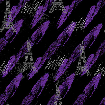 Abstract seamless pattern for textiles. Eiffel Tower and geometric elements on black background.