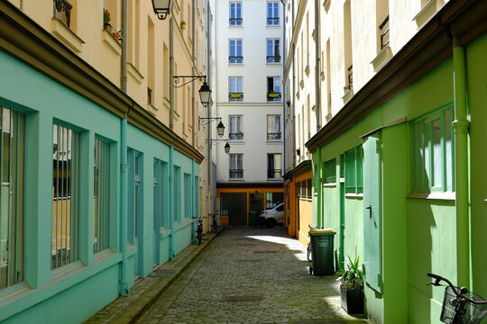 A colored street in the 12th Borough of Paris. The cour d'Alsace Lorraine, the 29th march 2021, Paris France. 