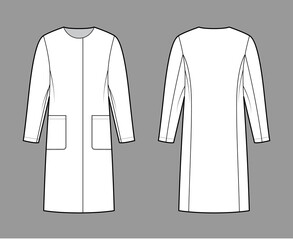 Straight coat technical fashion illustration with long sleeves, oversized body, knee length, pocket, hide closure. Flat jacket template front, back, white color style. Women, men unisex top CAD mockup