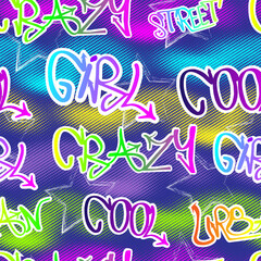 Abstract seamless graffiti pattern for girls with multicolored zigzag and text.