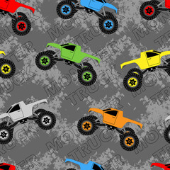 Monster track. Seamless grunge pattern with multicolored cars. © Vitalii_ART