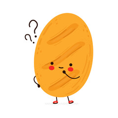 Cute funny Bread with question marks. Vector hand drawn cartoon kawaii character illustration icon. Isolated on white background. Bread think concept