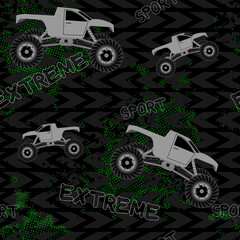 Seamless grunge pattern urban style. Big car, geometric elements and text. © Vitalii_ART