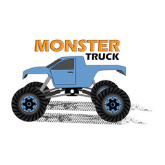 Vector illustration for boys. Blue monster truck and tire tracks.