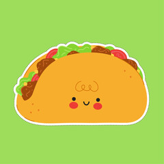 Cute funny Taco sticker character. Vector hand drawn cartoon kawaii character illustration icon. Isolated on white background. Taco character concept