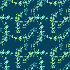 Seamless pattern of drawn abstract green algae in blue water
