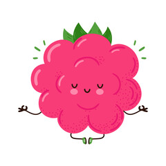 Cute funny Raspberry meditate in yoga pose. Vector hand drawn cartoon kawaii character illustration icon. Isolated on white background. Raspberry meditate concept