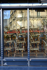 Some chairs stacked at a closed parisian bar during the covid-19 pandemic. the 29th march 2021, Paris center France.