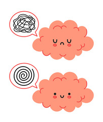 Cute funny brain character and speech bubble with messy thoughts. Vector hand drawn cartoon kawaii character illustration icon. Isolated on white background. Brain mental harmony character concept