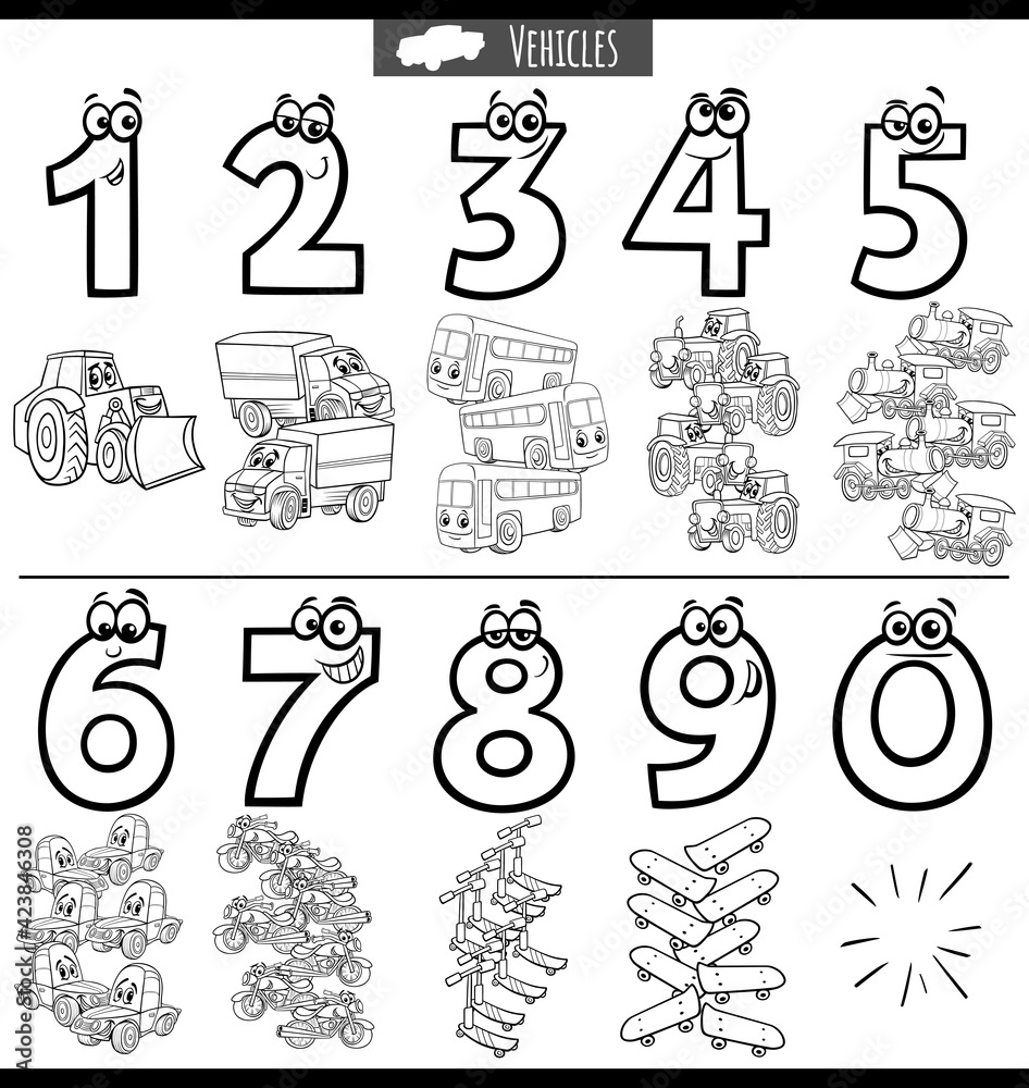 Wall mural black and white educational numbers set with cartoon vehicles