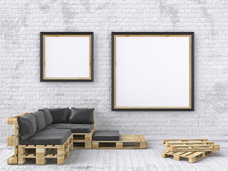 Mock up two photo frames with wooden pallets furniture, floor and brick wall 3D