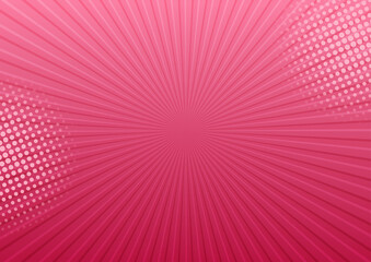 Pink comic pop art vector background with sunbeams and halftone shadow, bright banner. Abstract illustration