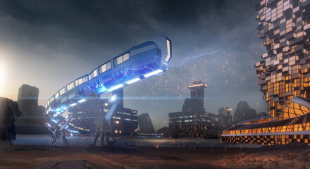A futuristic levitating train flying through the metropolis