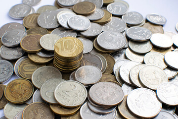 Russian coins close-up. View from above. Coins in denominations of one, two, five, ten rubles.