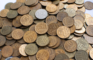 Small Russian coins close-up. Used coins. View from above. Coins in denominations of five, ten, fifty kopecks.
