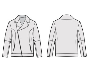 Zip-up biker jacket technical fashion illustration with oversized, asymmetrical zip front, long sleeves, welt pockets, moto details. Flat coat template back grey color style. Women men CAD mockup