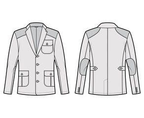 Hunting Shooting jacket technical fashion illustration with long sleeves, notched collar, flap pockets, Trim, Shoulder Elbow Patch. Flat coat template front, back, grey color. Women Blazer CAD mockup