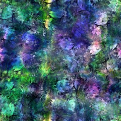 Seamless abstract color blobs with floral flower pattern overlay. High quality illustration. Painterly dye-like blue purple and green bleed watery background color with beautiful pattern overlay.