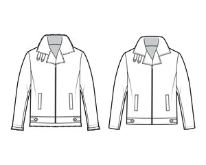 Set of Zip-up Bombers leather jacket technical fashion illustration with tabs, oversize, thick collar, long sleeves, welt pockets. Flat coat template front white color. Women men unisex top CAD mockup © Vectoressa