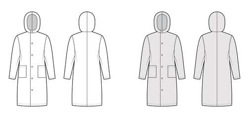 Slicker coat Sou'wester technical fashion illustration with hood, long sleeves, patch pockets, knee length. Flat jacket template front, back, white, grey color style. Women, men, unisex top CAD mockup © Vectoressa