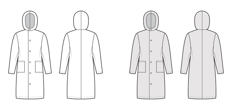 Slicker coat Sou'wester technical fashion illustration with hood, long sleeves, patch pockets, knee length. Flat jacket template front, back, white, grey color style. Women, men, unisex top CAD mockup