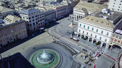 Fototapeta premium Aerial panoramic drone view of Fountain in main square of city Piazza De Ferrari in Genoa,Italy.