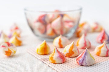 Homemade colorful French meringue cookies ready to serve