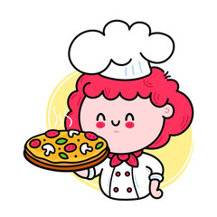 Cute funny chef cook girl character serving pizza. Vector hand drawn cartoon kawaii character illustration icon. Isolated on white background. Cute kawaii woman cook character with pizza logo concept
