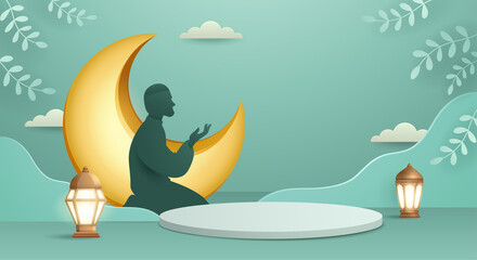 3D illustration of classic teal Muslim Islamic festival theme product display background with Muslim prayer and Islamic decorations.