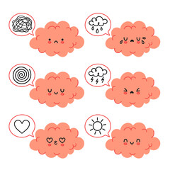 Cute funny brain character in different emotional mood set. Vector hand drawn cartoon kawaii character illustration icon. Isolated on white background. Brain mental health bundle character concept