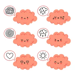 Selbstklebende Fototapeten Cute funny brain character in different emotional mood set. Vector hand drawn cartoon kawaii character illustration icon. Isolated on white background. Brain mental health bundle character concept © svtdesign