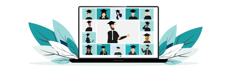 Virtual graduation ceremony. Graduate quarantine. Graduates in square academic cars communicate via video call. Laptop screen. Communication of students graduates. Vector illustration