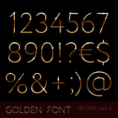 Golden font style. Metallic alphabet. Part 3. Shinning latin letter isolated on dark background, English abc, arabic numbers and symbols with glowing effect. Vector editable illustration