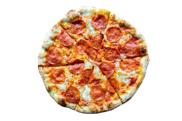 Fresh tasty pizza with pepperoni isolated on white background. Top view