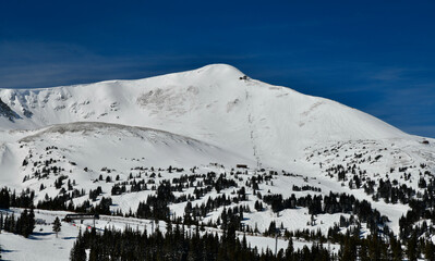 Breckenridge ski resort in winter time with snow in the Colorado Rocky Mountains.