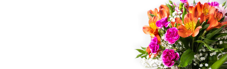 Obraz premium Banner Flowers composition on white background with copy space for text. Border of assorted fresh flowers and leaves