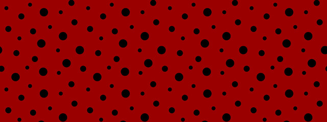 Ladybug seamless pattern. Black polka dot on red background. Retro design for scrapbooking paper, fabric, wallpaper. Vector illustration. - obrazy, fototapety, plakaty