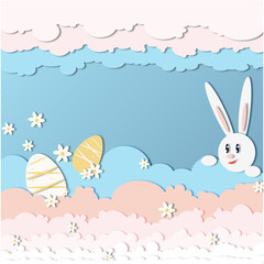 Easter Greeting Card with Bunny and Eggs on Blue Background. Paper cut out style. Happy Easter Concept.