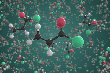 Molecule of acryloyl chloride, ball-and-stick molecular model. Science related 3d rendering