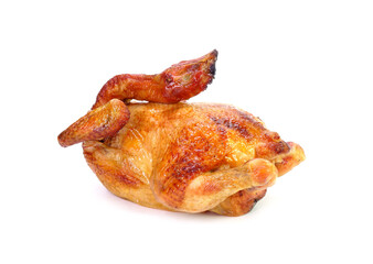 Roasted chicken isolated on white background. Traditional Cantonese roasted whole chicken 
