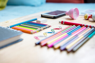 Back to school concept. school and Office supplies and various stationery on wooden background. Flat lay stylish set