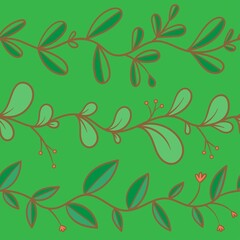 Seamless pattern with different plants on green background. Vector print with herbs.