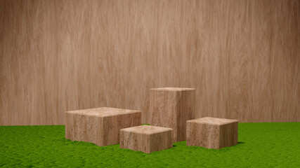 Wooden cube stands on green moss and wooden background. Abstract minimal scene to show eco product. 3d render