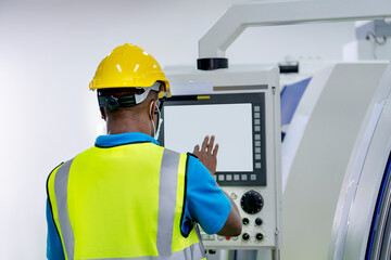 Professional African American man. Engineering quality control. Check in factory machines green screen. Industrial Engineer concept.