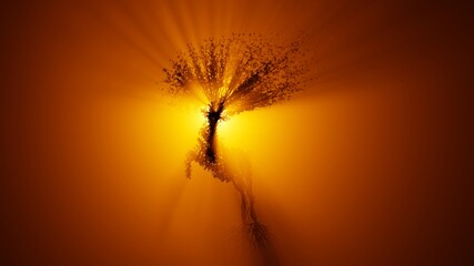 Silhouette of growing tree in a shape of a deer. Sun rays shining through the tree. Eco Concept.