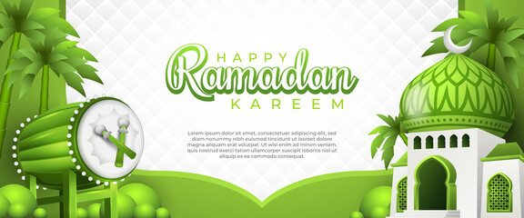 Happy Ramadan Kareem Banner with a Green Bedug and a Mosque