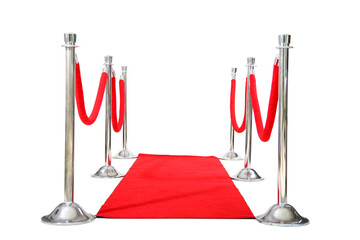 Genuine Hollywood Red Carpet with Red Velvet Ropes and Silver Stanchions, isolated on white with...