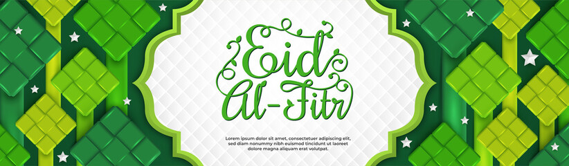 Green Eid Al-Fitr Banner with Ketupats Background