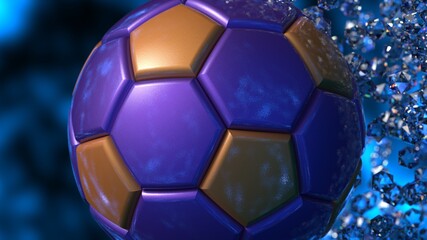 Fototapeta premium Purple-Orange Soccer Ball with diamond particles under blue flare lighting. 3D illustration. 3D CG. 3D high quality rendering.