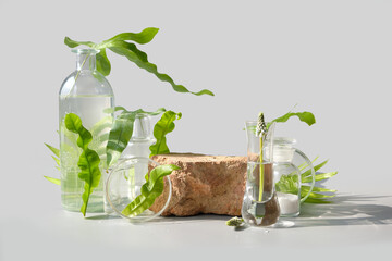 Natural Green laboratory. Brick podium, space for product. Abstract floral arrangement. Reflections...